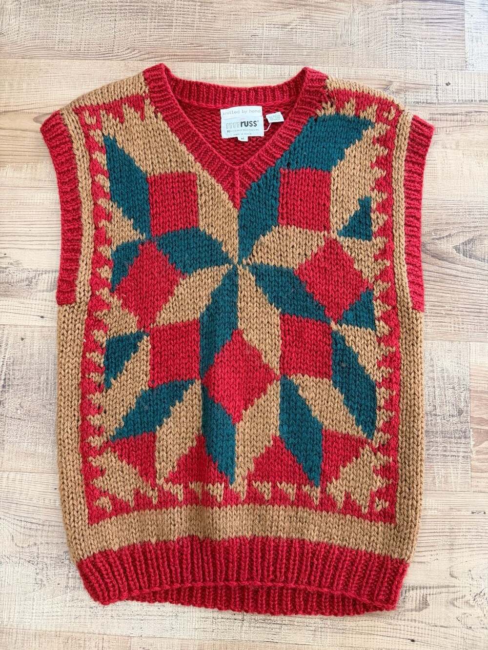 Vintage Russ Hand Knitted V-Neck Sweater Vest Geometric Colorblock Holiday